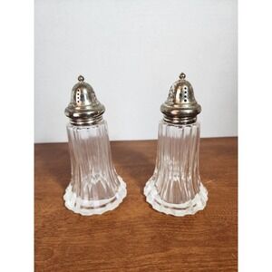 Large Vintage Fluted Thick Glass Salt & Pepper Shakers with Silverplate Tops
